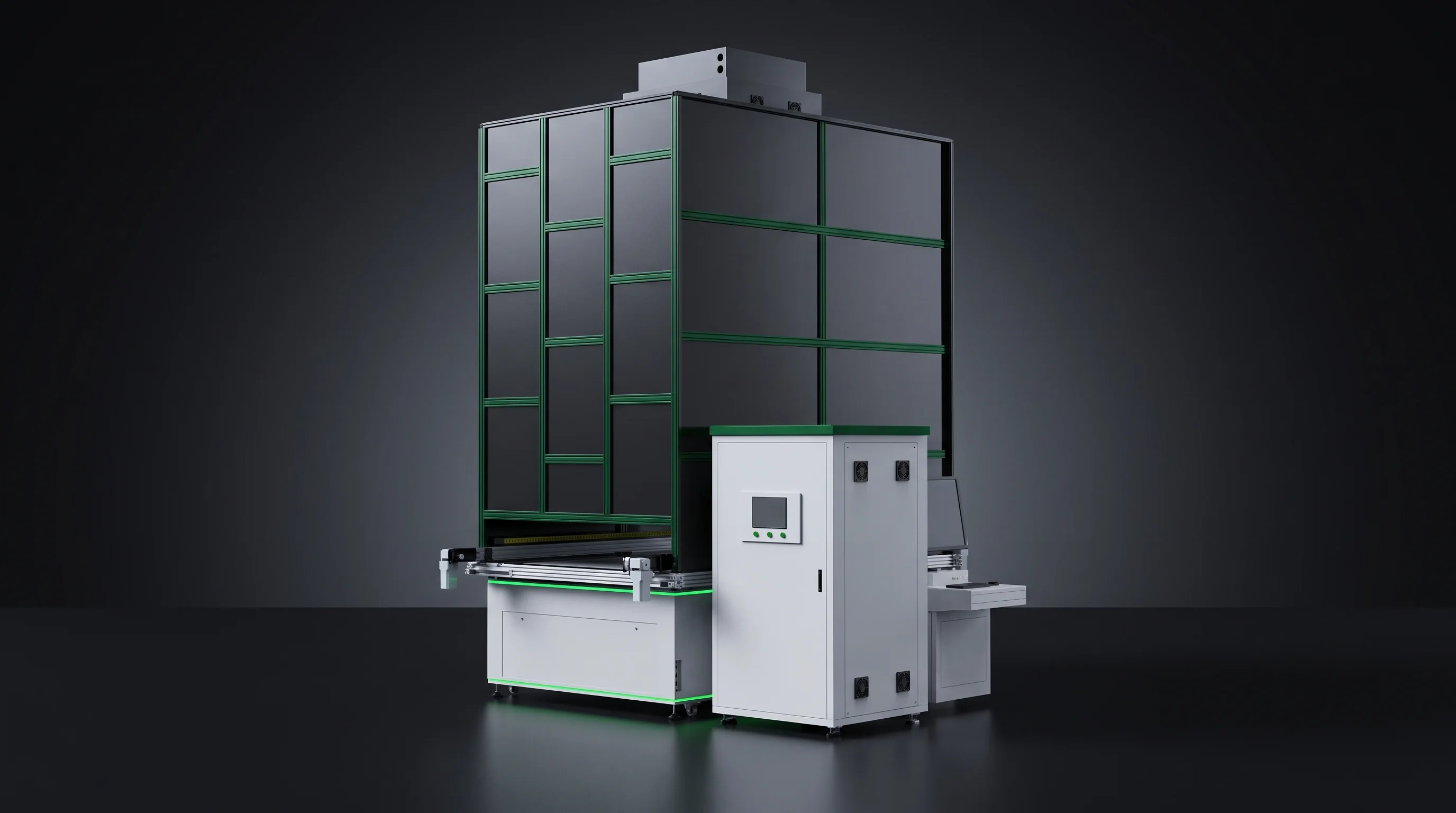 SML-T1000 module IV tester at the line-off end, where acceptance figures are read