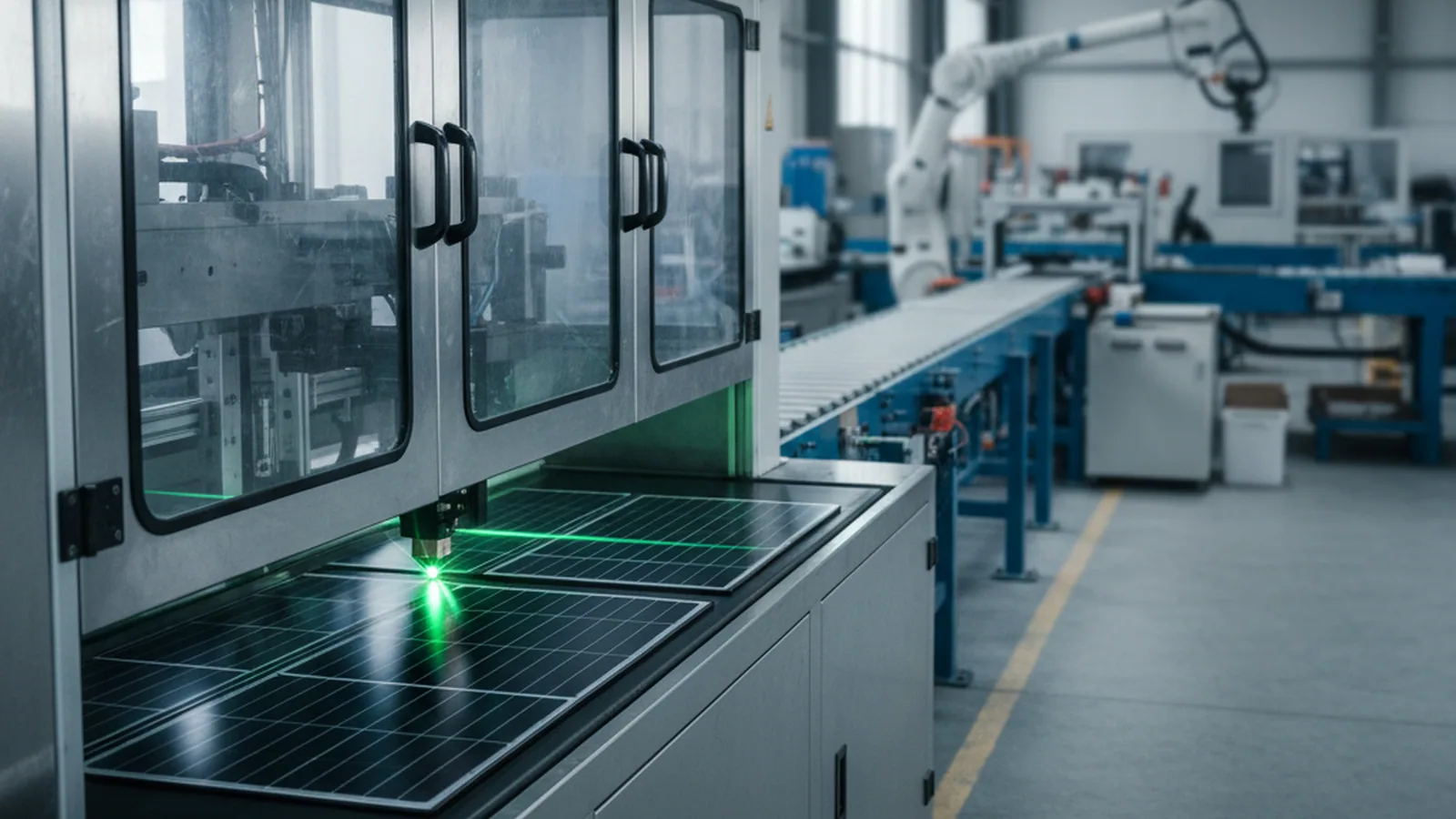 SML-C72 high-speed laser scriber grooving and cleaving full cells into halves at the front of a module line