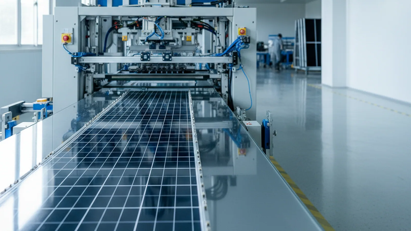 SML-S40 multi-busbar stringer running TOPCon half-cells into strings on a module floor