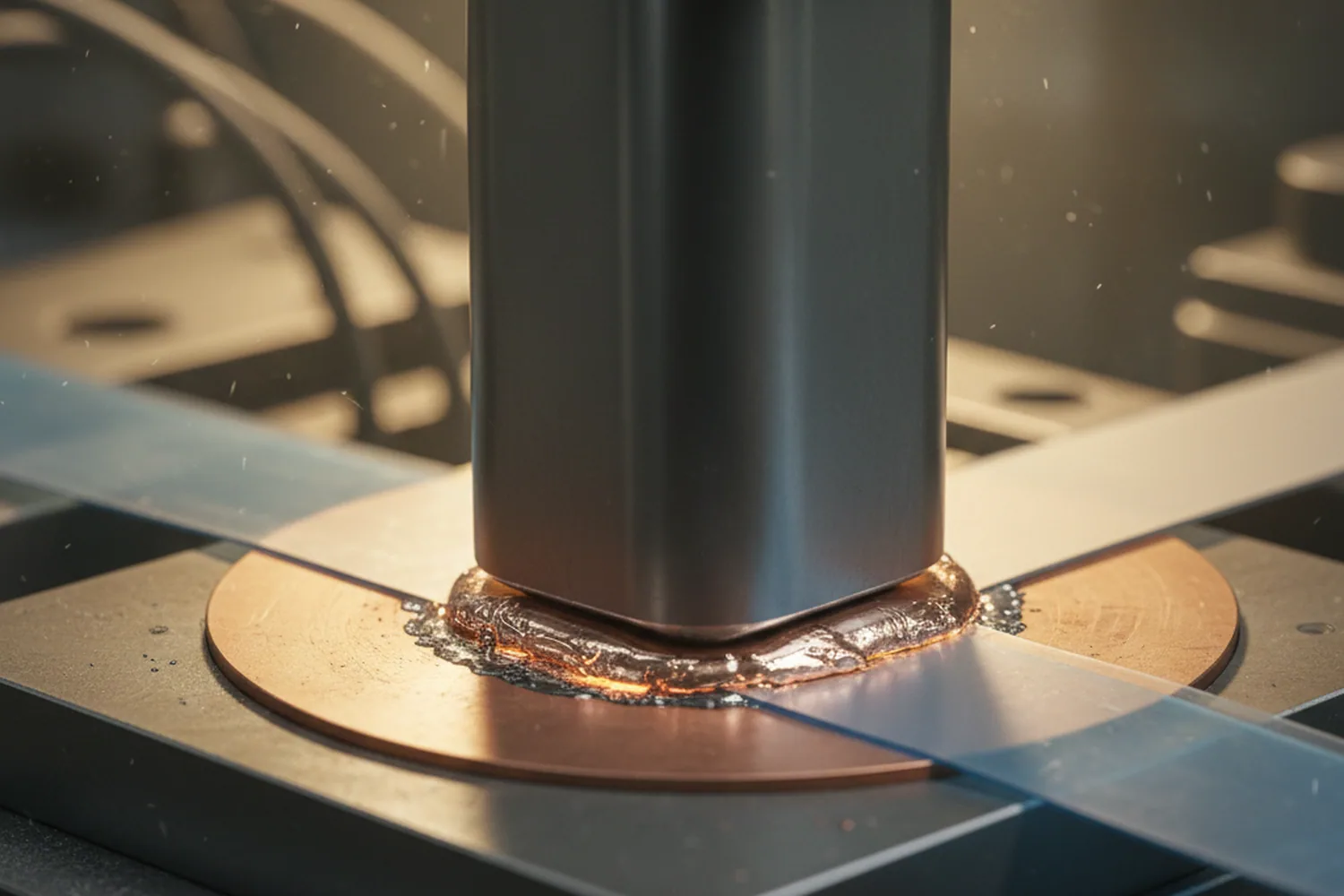 SML-S60 welding station: ribbon pressed flat to the pad under tooling, blue-film side down