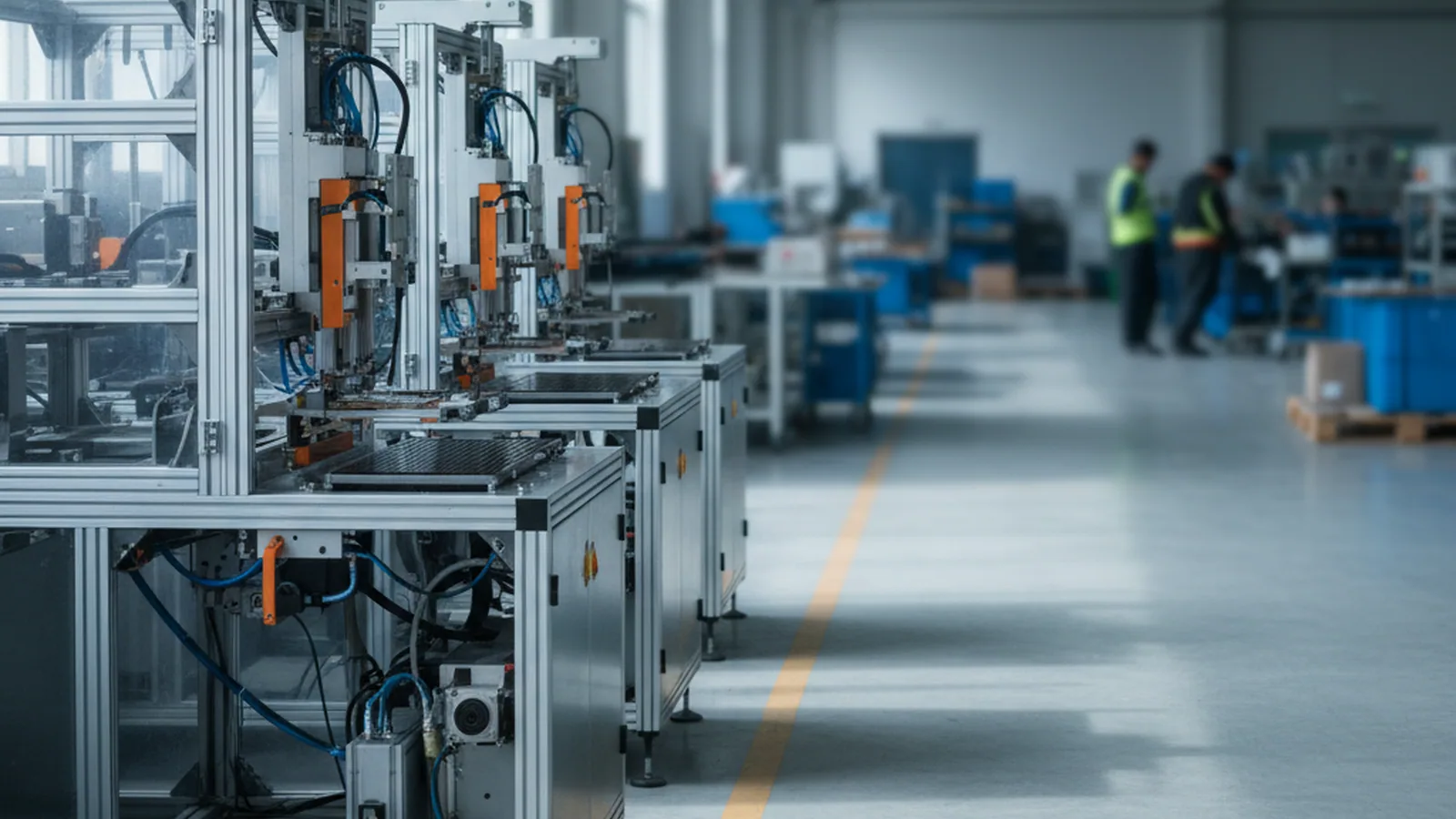 Three tabber-stringers of the SolarModule Line range on a module assembly floor